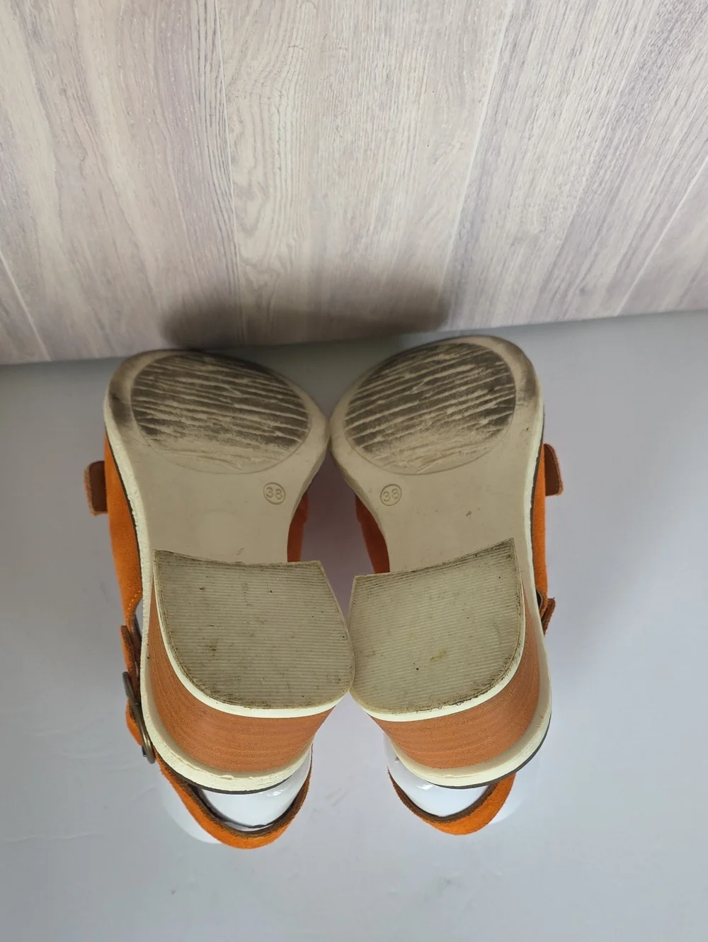 FLY London Burnt Orange Suede Mule Sandals Chunky Heel Buckle Straps Sz 38/7.5US